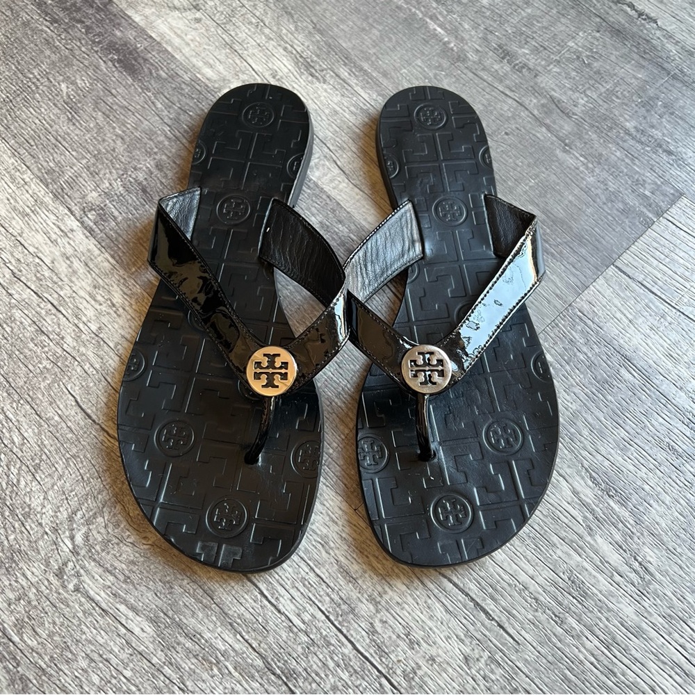 Tory Burch Black Patent Logo Flip Flops Thong Sandals Women Size 9